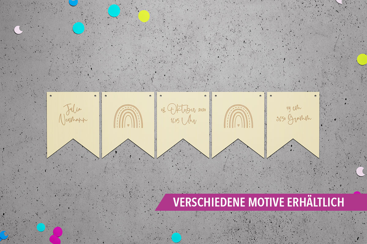 Wimpelkette aus Holz zur Geburt